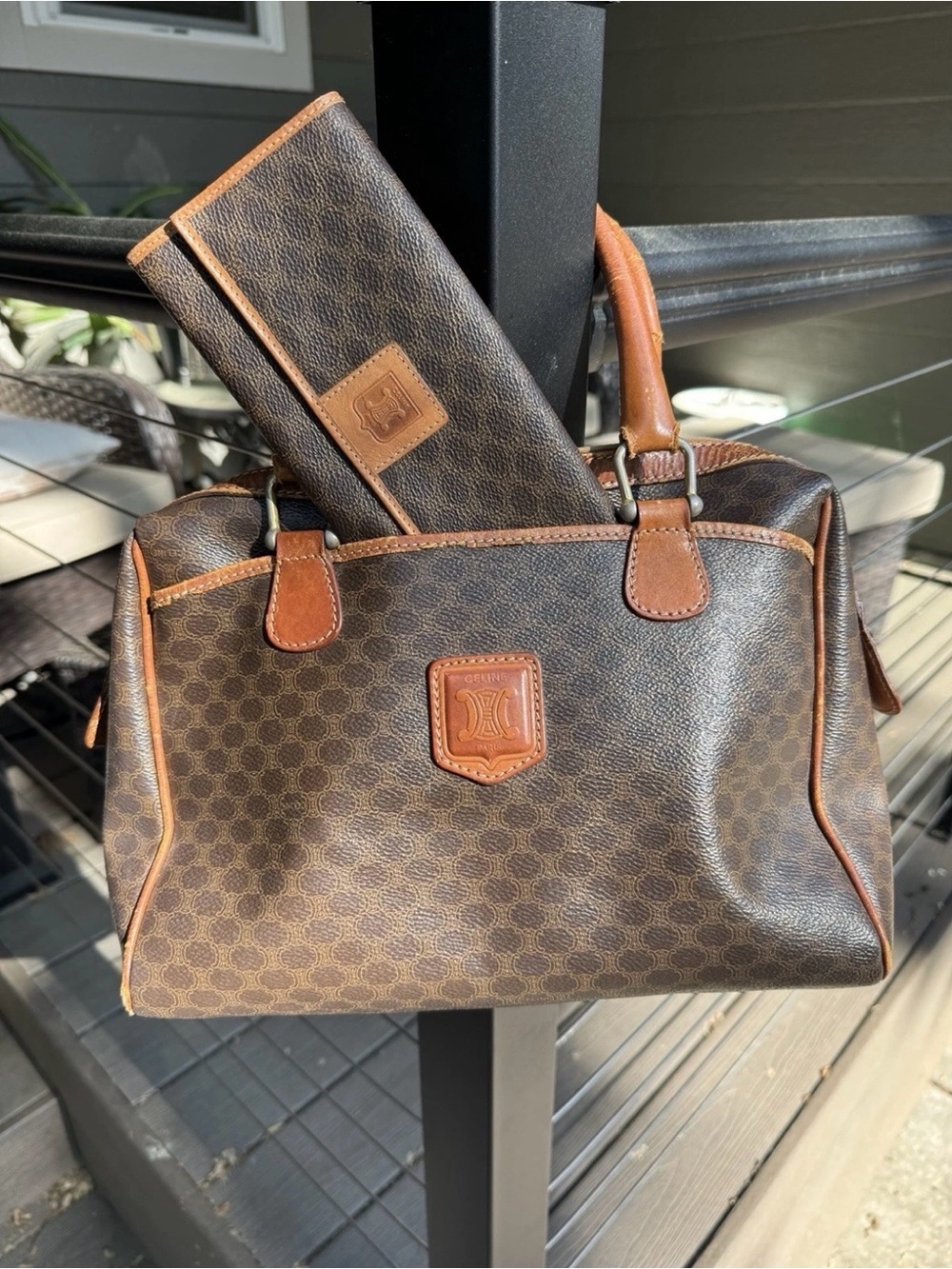 Celine Cognac Brown Patterned Satchel Bag - w/ Celine wallet